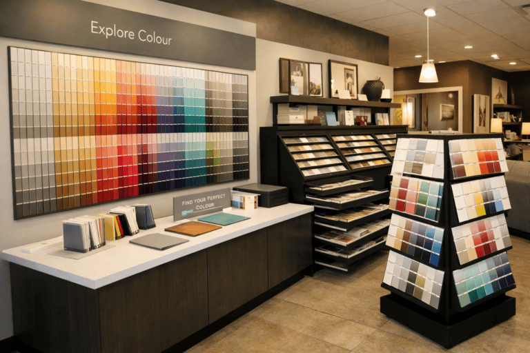 In-store and showroom display systems for colour presentation &mdash; wall-mounted colour displays, countertop sampling stations, pull-out drawer systems and freestanding colour browsing units.
