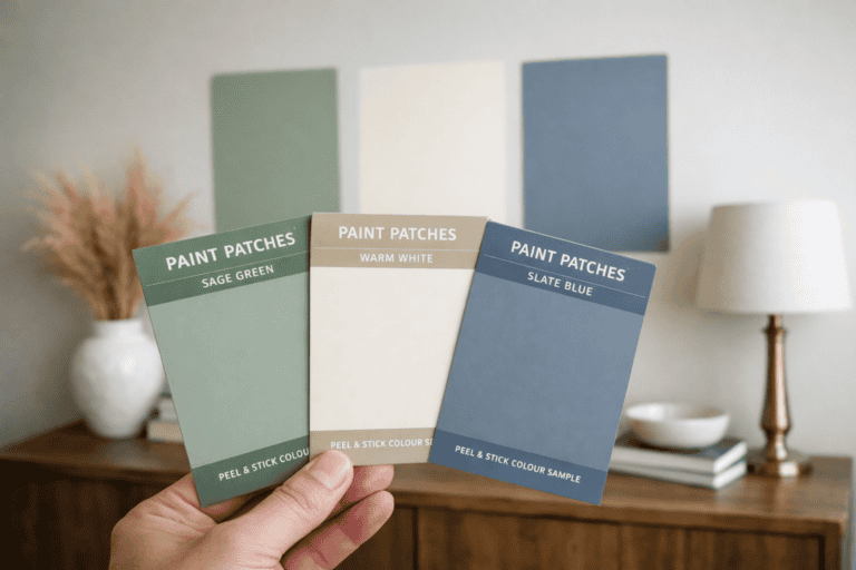 Paint Patches, Peel-and-stick colour samples that customers take home and apply directly to their walls. Repositionable low-tack adhesive.