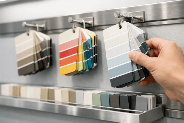 Photorealistic close-up photograph focusing on a section of a wall-mounted colour display rack. Three fan decks hang from metal pegs — fanned slightly open to show colour chips. Below them, a row of individual chip cards sits in a slotted aluminium rail. The display hardware is brushed silver metal with clean, precise construction. A customer's hand reaches into frame from the right, selecting one of the fan decks. Shallow depth of field with the selected fan deck sharp and the surrounding display softly blurred. Bright, even retail lighting from above. The image conveys ease of browsing and quality of the display system. No text, no logos, no watermarks. 16:9 landscape, high resolution.