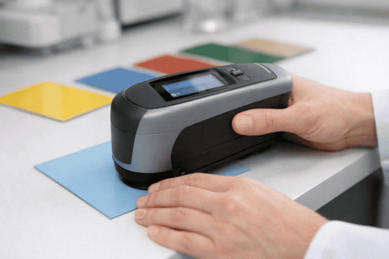 Photorealistic close-up photograph of a handheld spectrophotometer being placed against a painted colour sample card. The operator's hands are visible &mdash; clean, professional. The spectrophotometer is a modern device with a small digital display (screen content not readable). Several painted sample panels in different colours are arranged on the bench behind. Laboratory-style environment with white surfaces and bright, even lighting. The image conveys scientific precision. No text, no logos, no watermarks. 16:9 landscape.