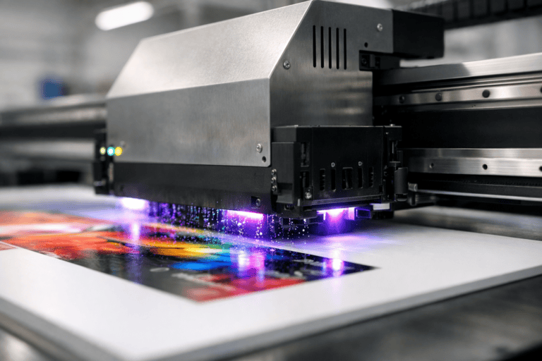 Photorealistic close-up photograph of a large format UV flatbed printer mid-print.