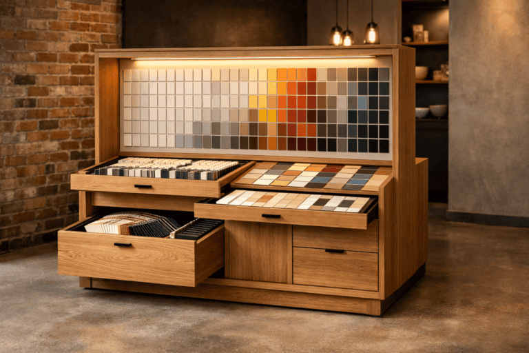 Photorealistic interior photograph of a premium bespoke colour display installation in an upmarket paint showroom. A freestanding furniture unit in warm oak timber with integrated LED strip lighting holds drawers of fan decks, pull-out trays of chip cards, and a large shade card display panel on the back. The unit is approximately 1.5m wide and 1.2m tall, positioned in a beautifully designed showroom with exposed brick walls, polished concrete floor and modern pendant lighting. The display feels like premium retail furniture rather than standard racking — it belongs in a design studio or luxury interiors shop. No people. Warm, atmospheric lighting. The image conveys bespoke craftsmanship and premium retail design. No text, no logos, no watermarks. 16:9 landscape, high resolution.