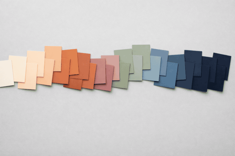 Photorealistic overhead flat-lay photograph of approximately 30 individual printed colour chip cards arranged in a flowing gradient pattern on a light grey surface.