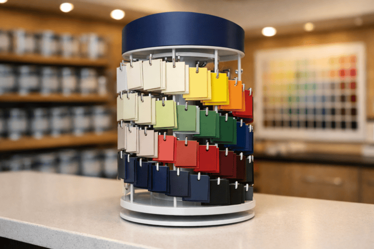 Photorealistic photograph of a countertop rotating display unit sitting on a clean retail counter surface. The unit is approximately 400mm tall, made from white powder-coated metal with a rotating spindle base. It holds approximately 40-50 colour chip cards arranged around the circumference in a spiral pattern, ranging from light to dark. A navy blue branded header cap sits on top. The background shows a blurred paint showroom interior — shelves of paint tins, colour displays on the walls. Warm retail lighting. Shot from a slightly low angle looking up at the unit. The image conveys a compact, space-efficient colour browsing solution. No text, no logos, no watermarks. 4:3 aspect ratio, high resolution.