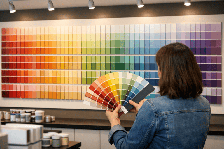 Photorealistic photograph of a paint showroom or decorating centre interior. A wall-mounted colour display system shows rows of printed colour cards arranged by hue &mdash; warm reds through to cool blues. A customer (seen from behind) holds a colour fan deck open, comparing it to a larger colour chart on the wall. The showroom is modern, clean and well-lit with spot lighting on the colour displays. The scene conveys the end-use of the sampling tools in a real retail environment. No text, no logos, no watermarks. 16:9 landscape.