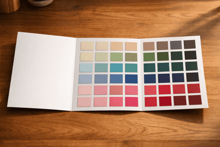 Photorealistic photograph of a single gatefold shade card lying open on a warm wooden desk surface. The card is approximately A4 when fully open, showing a grid of 24-30 printed colour swatches arranged in colour families — a row of warm neutrals, a row of greens, a row of blues, a row of pinks and reds. The card stock is thick and rigid with a matt laminated finish. The gatefold panels are spread flat with the cover panel visible on the left showing a clean, minimal design. Shot from a slightly elevated three-quarter angle. Warm, directional natural light from the right creating soft shadows. The image conveys a premium, well-designed colour presentation tool. No text, no logos, no watermarks. 16:9 landscape, high resolution.
