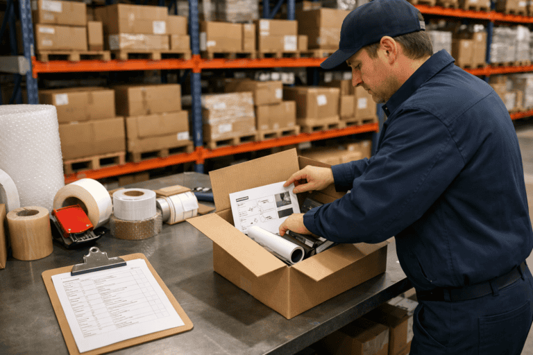 Photorealistic photograph of a warehouse packing station. A worker in navy workwear assembles a site-specific kit &mdash; placing rolled vinyl graphics, a printed instruction card and small signage components into a labelled cardboard box. A printed pick list on a clipboard sits beside them (not readable). Behind, racking holds more boxes ready for dispatch. Packing tape, bubble wrap and labels are neatly organised on the bench. Bright, clean environment. The scene conveys efficiency and care. No text, no logos, no watermarks. 16:9 landscape.