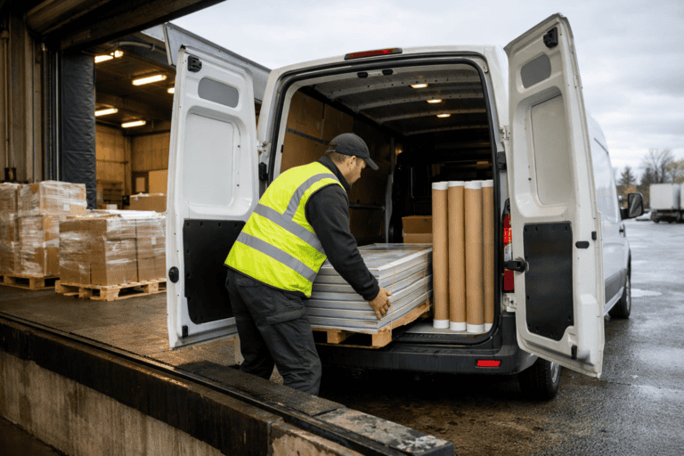 Photorealistic photograph of a white delivery van with its rear doors open, being loaded at a warehouse loading bay. A worker slides a stack of flat-packed printed panels into the van alongside tubes of rolled graphics. The loading bay has a raised platform with a rubber dock seal. Overcast UK daylight outside, warm warehouse lighting inside. Other loaded pallets are visible on the loading bay waiting for dispatch. The scene conveys nationwide distribution capability. No text, no logos, no watermarks. 16:9 landscape.