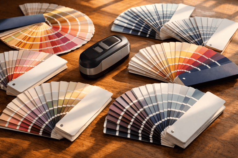 Photorealistic photograph of multiple colour fan decks arranged artistically on a warm wooden surface. The fan decks are fanned open at different angles, showing hundreds of colour chips ranging from soft pastels to deep saturated tones. Some fan decks have white covers, others have navy. A single spectrophotometer instrument sits among them. Warm, directional natural light from a window creating long shadows. The image feels premium and tactile &mdash; like a colour consultant's studio. No text, no logos, no watermarks. 16:9 landscape.