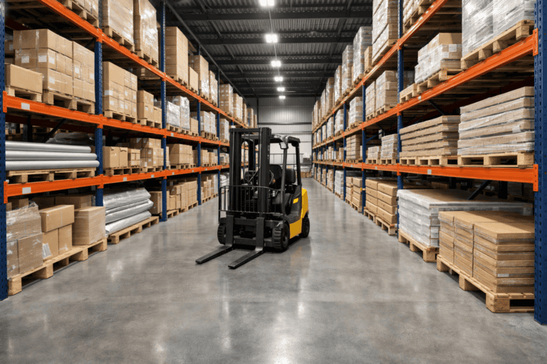 Photorealistic wide-angle photograph of a modern, clean warehouse interior. Tall metal racking systems stretch into the distance, stocked with neatly labelled cardboard boxes, tubes and flat-packed materials. A forklift truck is parked in the central aisle. The concrete floor is painted grey, clean and well-maintained. Bright LED bay lighting creates even illumination throughout. The warehouse feels organised, professional and operational &mdash; not empty or abandoned. No text, no logos, no watermarks. 16:9 landscape.