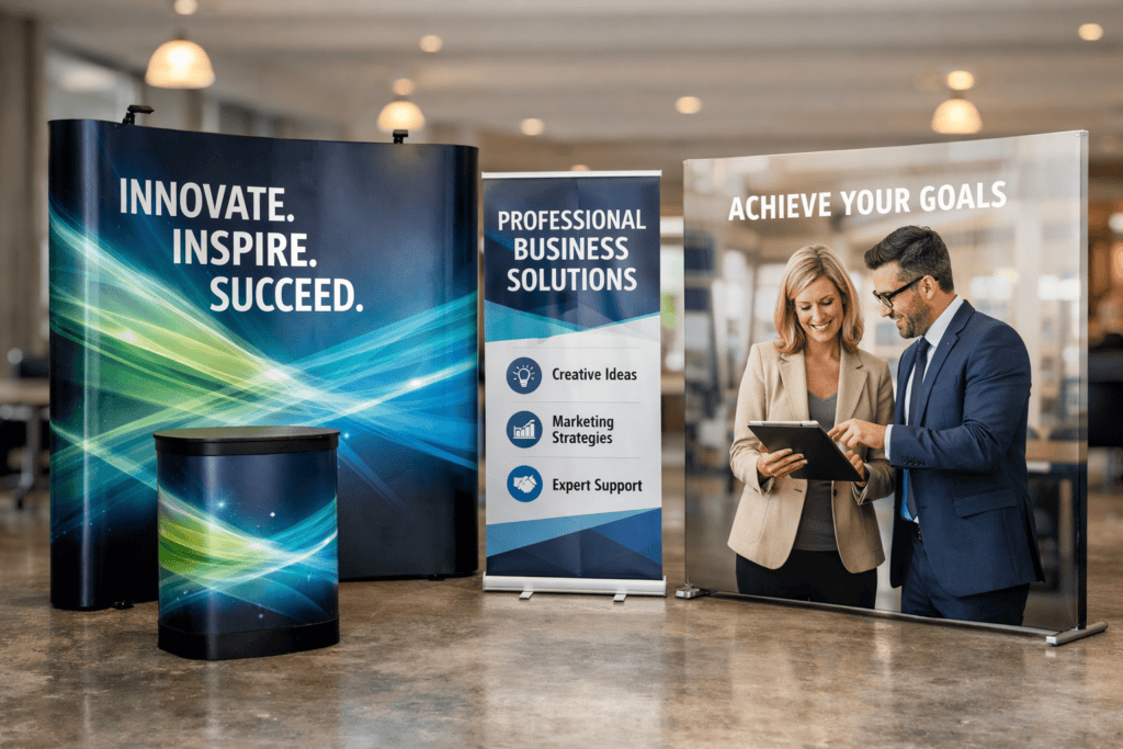 Portable display systems (pop-up stands, roller banners, fabric frames)