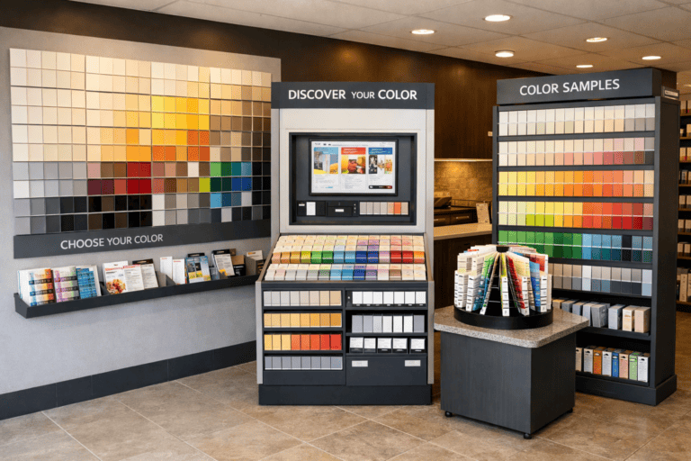 POS Display Units. In-store colour browsing systems , wall-mounted racks, countertop spinners and freestanding stations for your sampling tools.